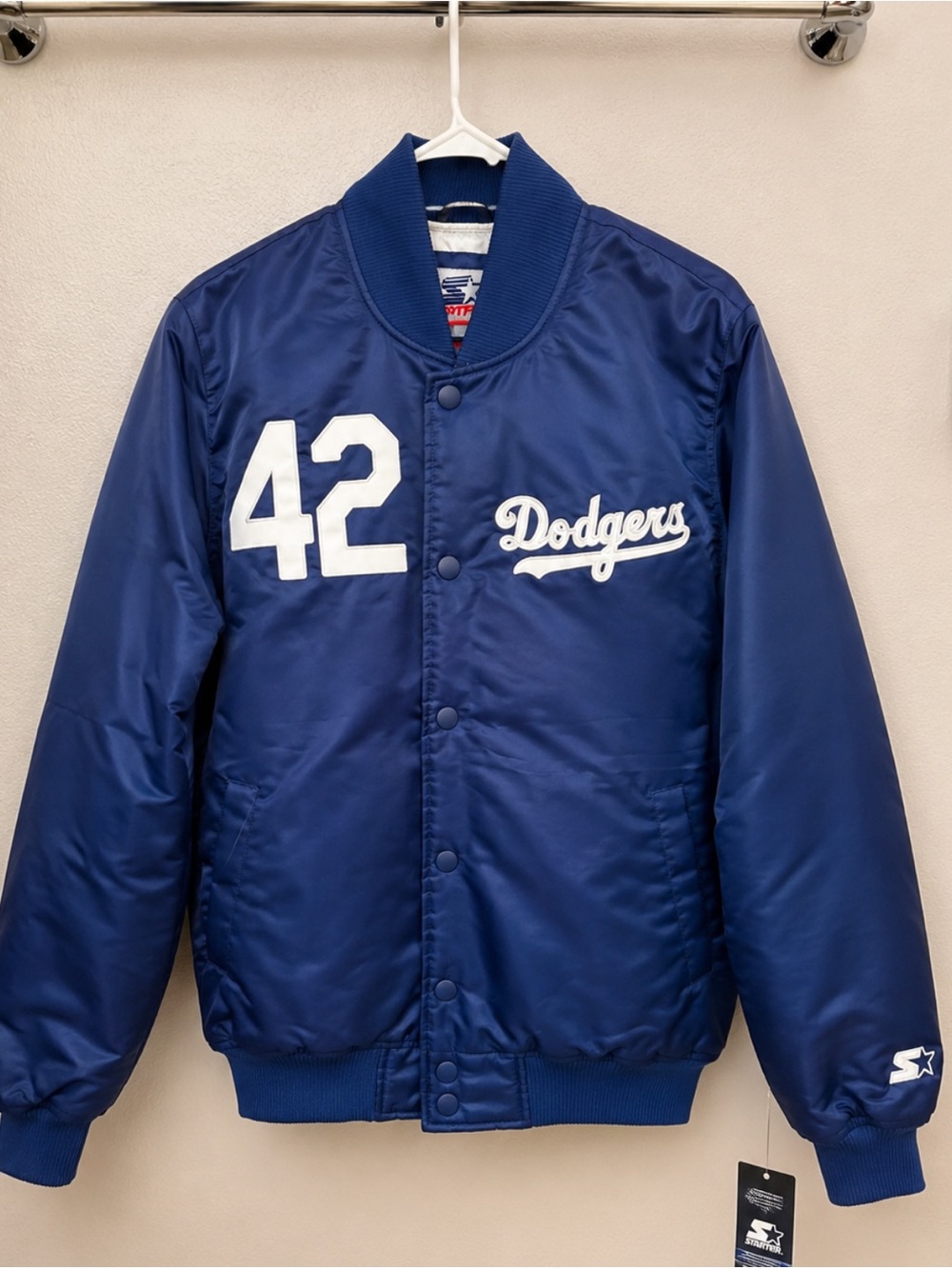 STARTER Dodgers Navy Blue Satin Varsity Jacket with White Logos